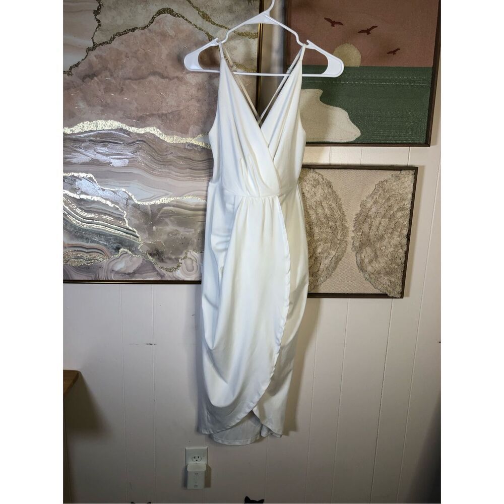 Lyaner Womens V-Neck Ruched Wrap Slit Hem Sleeveless Midi Dress White Small